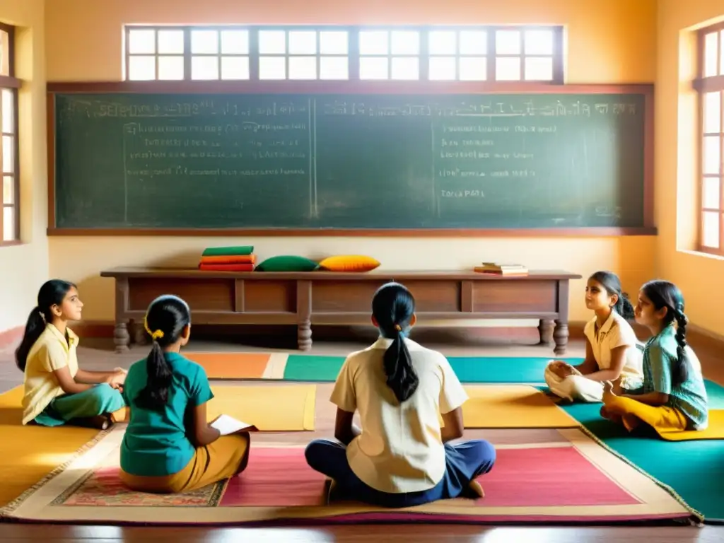 Escena de aula tradicional india con estudiantes y maestro escribiendo prácrito en pizarra, inmersión cultural y aprendizaje