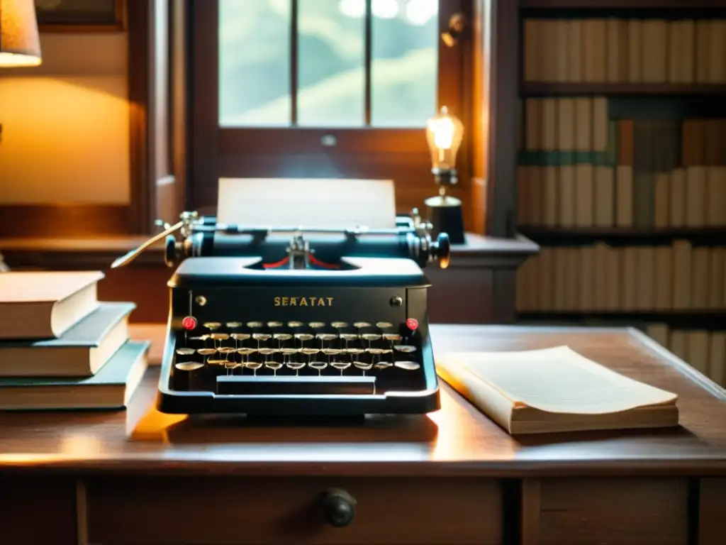 Una escena cálida y nostálgica con una máquina de escribir vintage en un escritorio de madera rodeado de libros y papeles antiguos