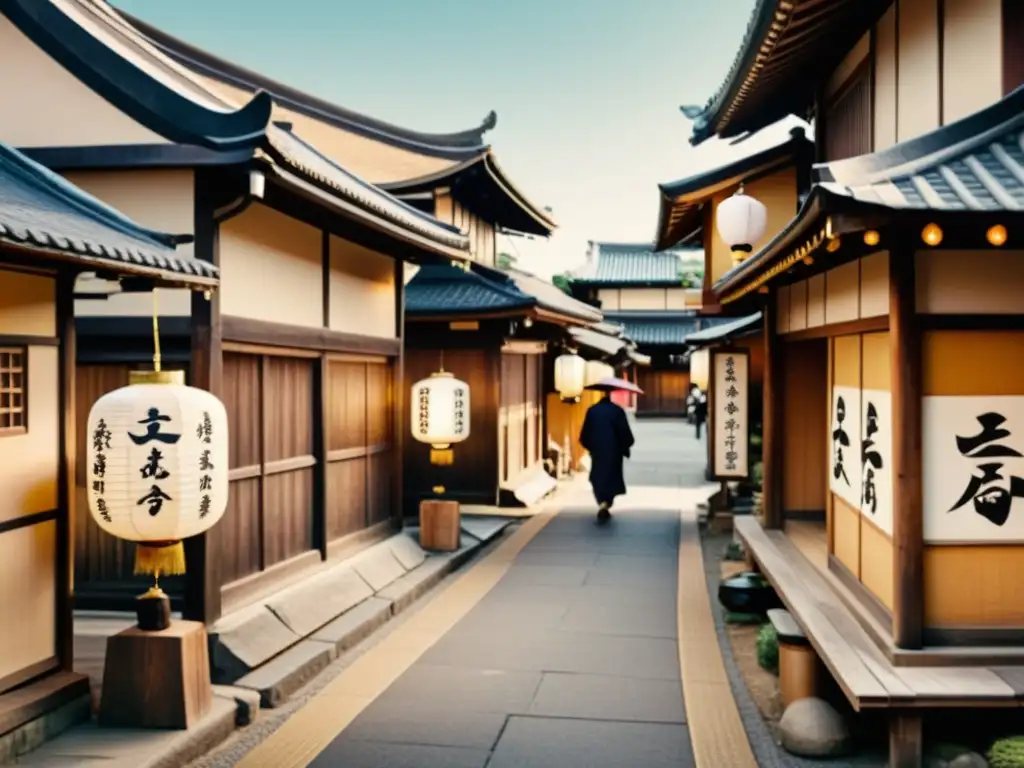 Escena callejera japonesa con kanji, edificios de madera y gente vestida tradicionalmente