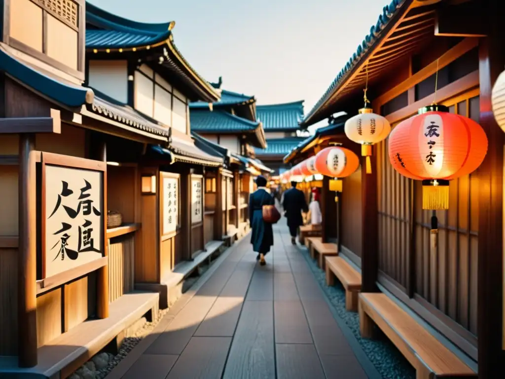 Escena callejera japonesa con kanji en letreros y faroles