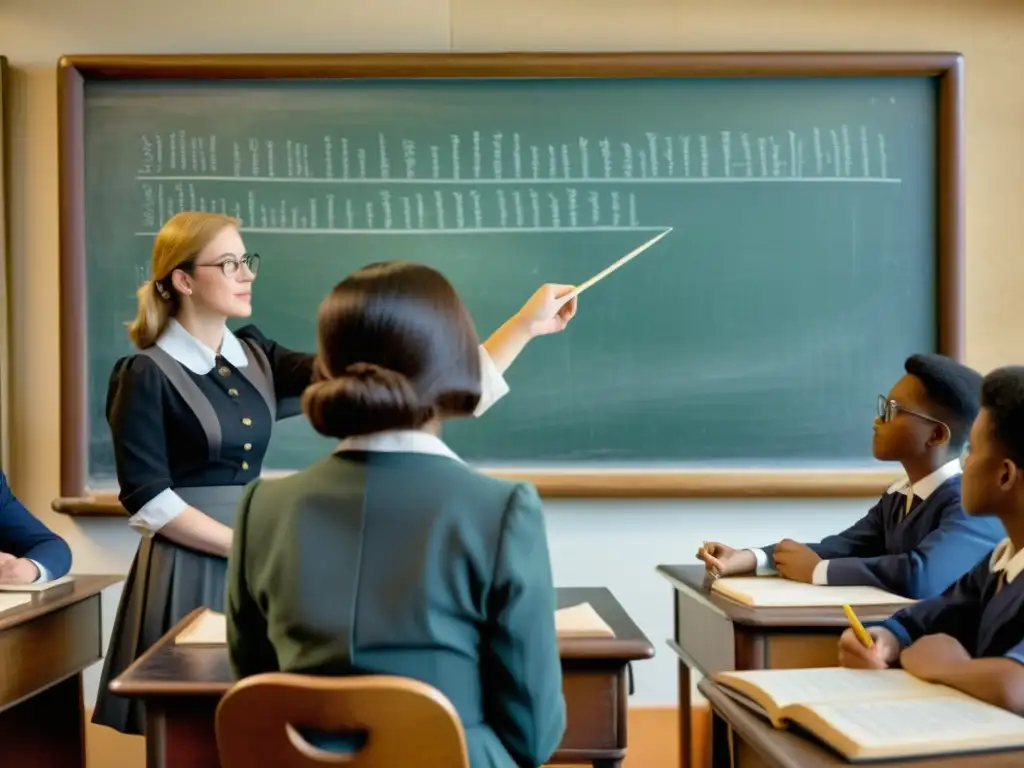 Una escena detallada en 8k de un aula vintage con estudiantes atentos escuchando a una maestra que muestra un manuscrito moderno en una pizarra grande