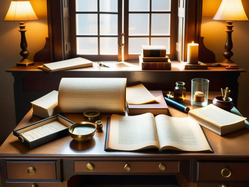 Escritorio vintage con manuscritos diversos iluminados por la luz cálida Escena de escritorio vintage con manuscritos modernos, diversidad cultural y calidez histórica