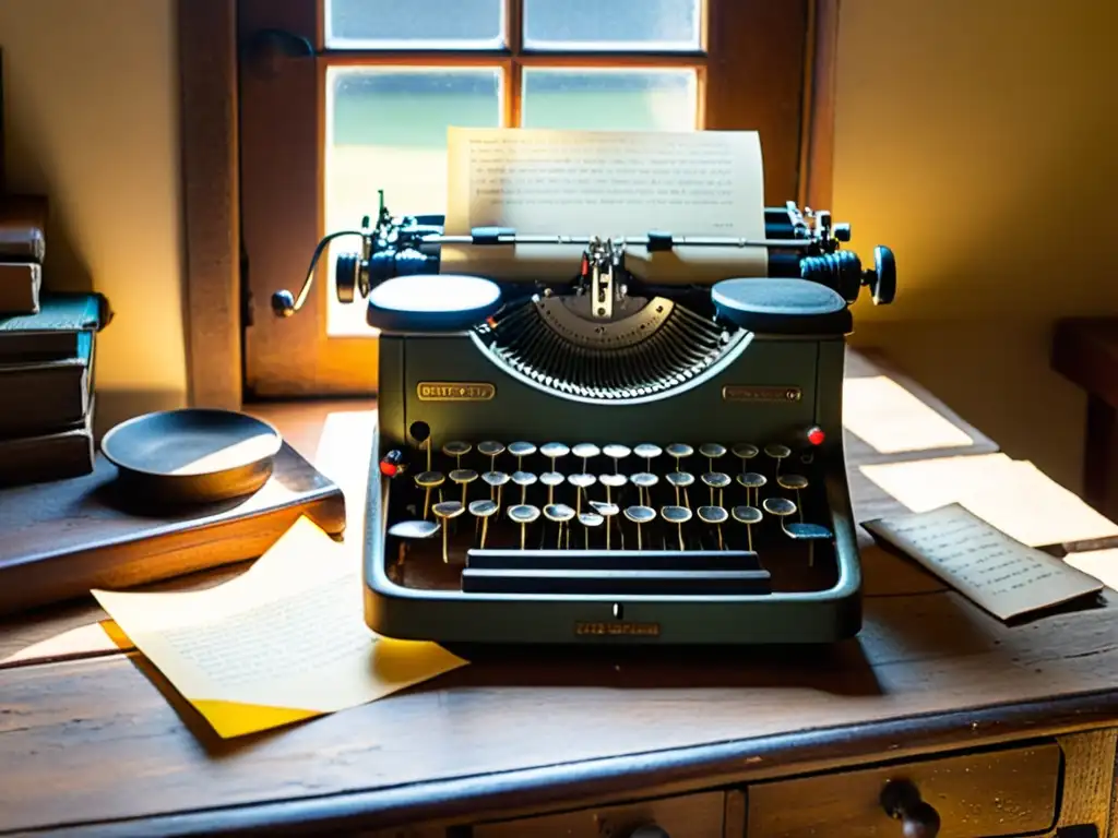 Una escena evocadora con una máquina de escribir vintage sobre un escritorio de madera envejecida, bañada por la luz del sol