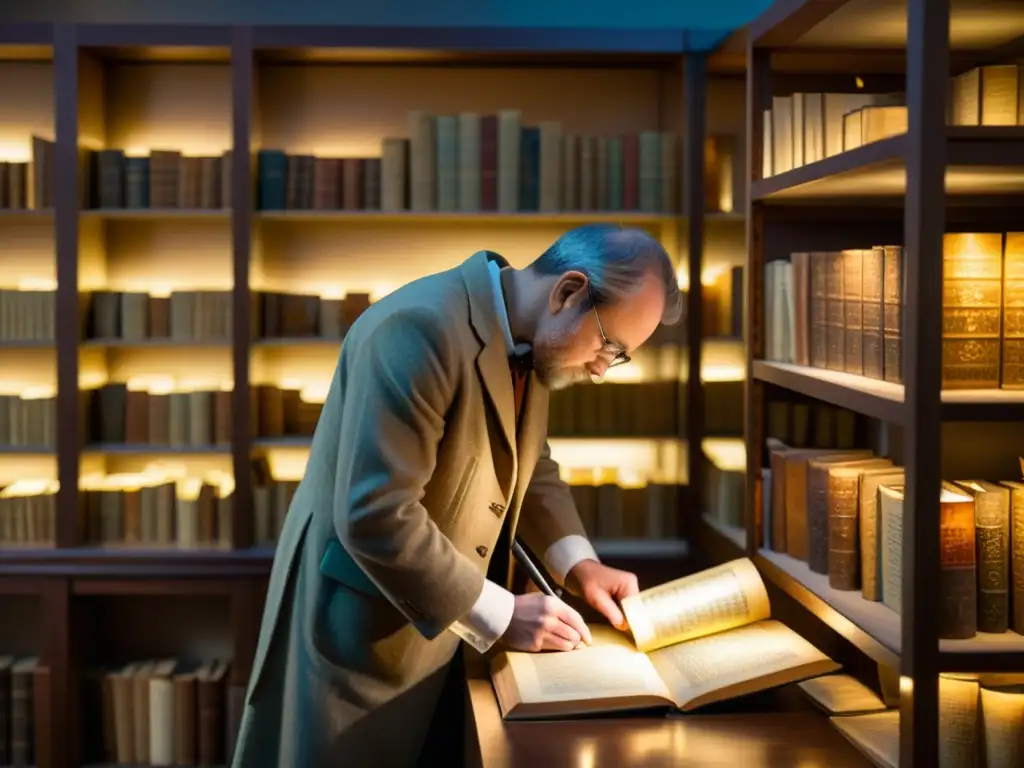 Una escena en un museo con conservador examinando manuscrito antiguo