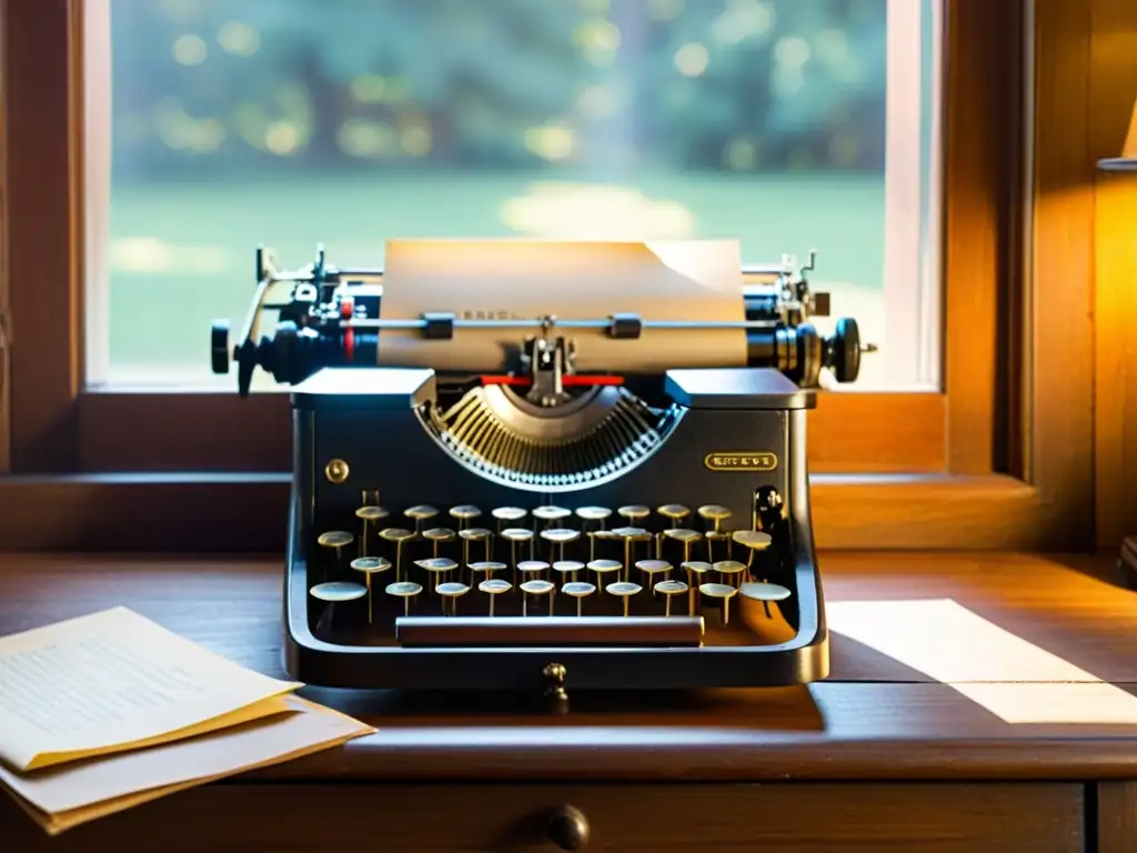 Una escena nostálgica con una antigua máquina de escribir, papel envejecido, pluma y café