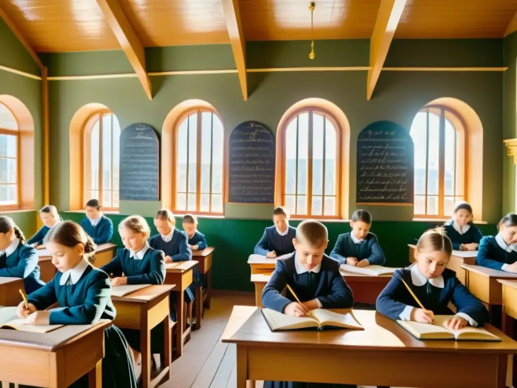 Escena nostálgica de un aula rusa vintage con estudiantes practicando escritura cirílica nativa con pluma y tinta, bañada por la cálida luz del sol