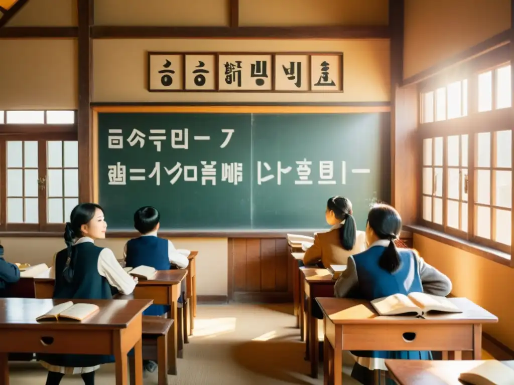 Escena nostálgica de aula vintage con estudiantes aprendiendo hangul coreano entre libros antiguos y pizarrón, evocando encanto atemporal