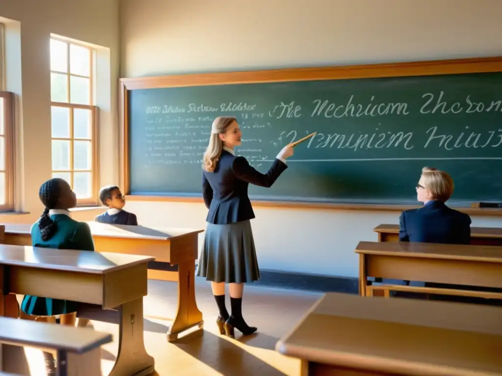 Una escena nostálgica en un aula vintage con estudiantes atentos, un profesor explicando en la pizarra y rayos de sol que iluminan la habitación