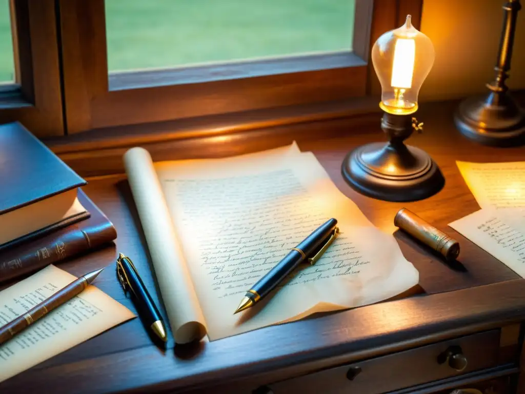 Una escena nostálgica de un escritorio vintage con plumas antiguas, pergamino y manuscritos, iluminados por una lámpara antigua