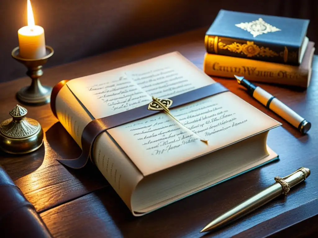 Una escena nostálgica de un libro antiguo en una mesa de madera, rodeado de herramientas de caligrafía antiguas