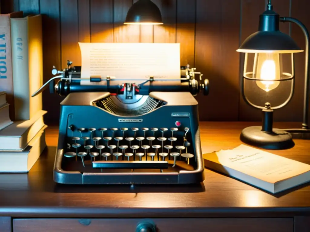 Una escena nostálgica con una máquina de escribir vintage en un escritorio de madera, iluminada por una lámpara de escritorio