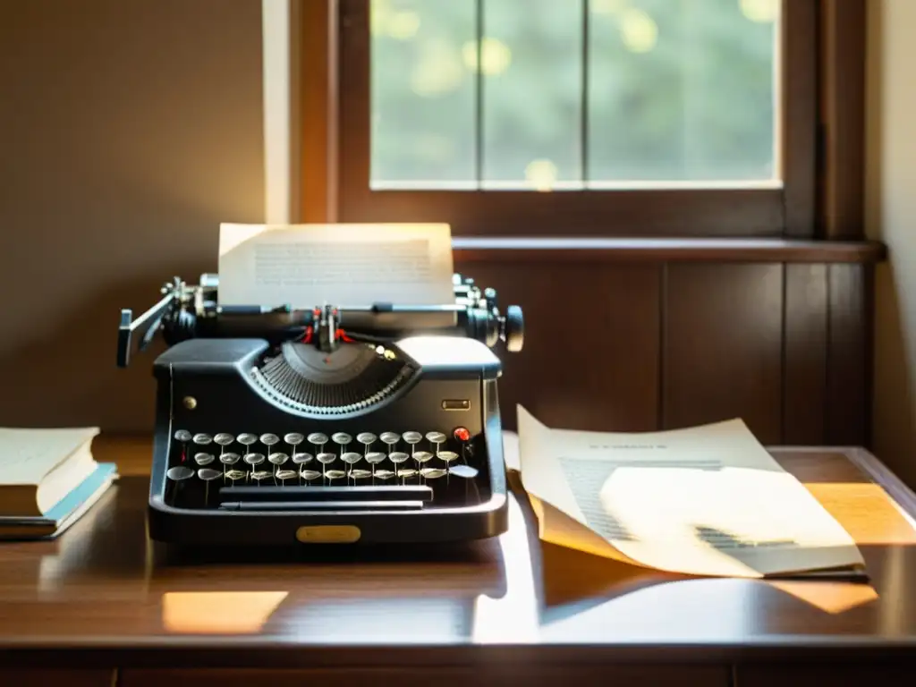 Una escena nostálgica: una máquina de escribir vintage sobre un escritorio de madera, con un montón de papel envejecido al lado