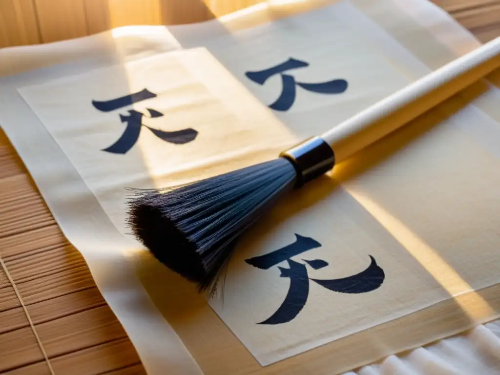 Una escena nostálgica con un pincel de caligrafía japonés y un Kanji complejo en papel de arroz, construyendo vocabulario a través de Kanji