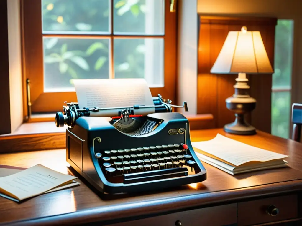 Una escena nostálgica de una vieja máquina de escribir en un escritorio de madera, iluminada por la cálida luz de la tarde