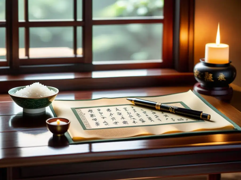 Una escena serena de escritura tradicional china, con sistemas de escritura Hanzi tradicionales, evocando artesanía atemporal y significado cultural