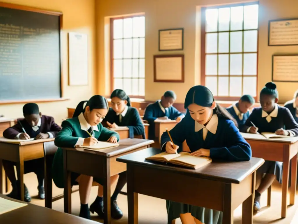 Escena vintage de aprendizaje con sistemas de escritura de culturas diversas, estudiantes participando en actividades de escritura con plumas y tinteros