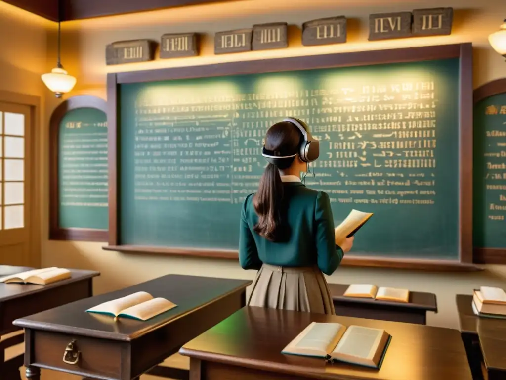 Clase vintage con realidad aumentada en ruinas antiguas Escena vintage en aula con maestra y estudiantes usando aplicaciones para maestros de lenguas antiguas en entorno inmersivo y tranquilo