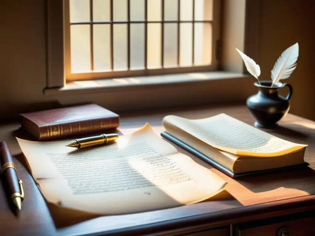 Una escena vintage de un escritorio antiguo con manuscritos y plumas, bañado por cálida luz solar