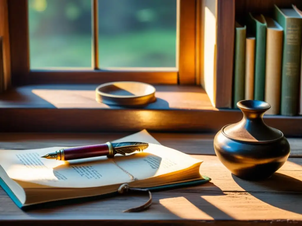 Una escena vintage con una pluma de escribir y tintero sobre un escritorio de madera envejecida, rodeados de libros antiguos y papel pergamino