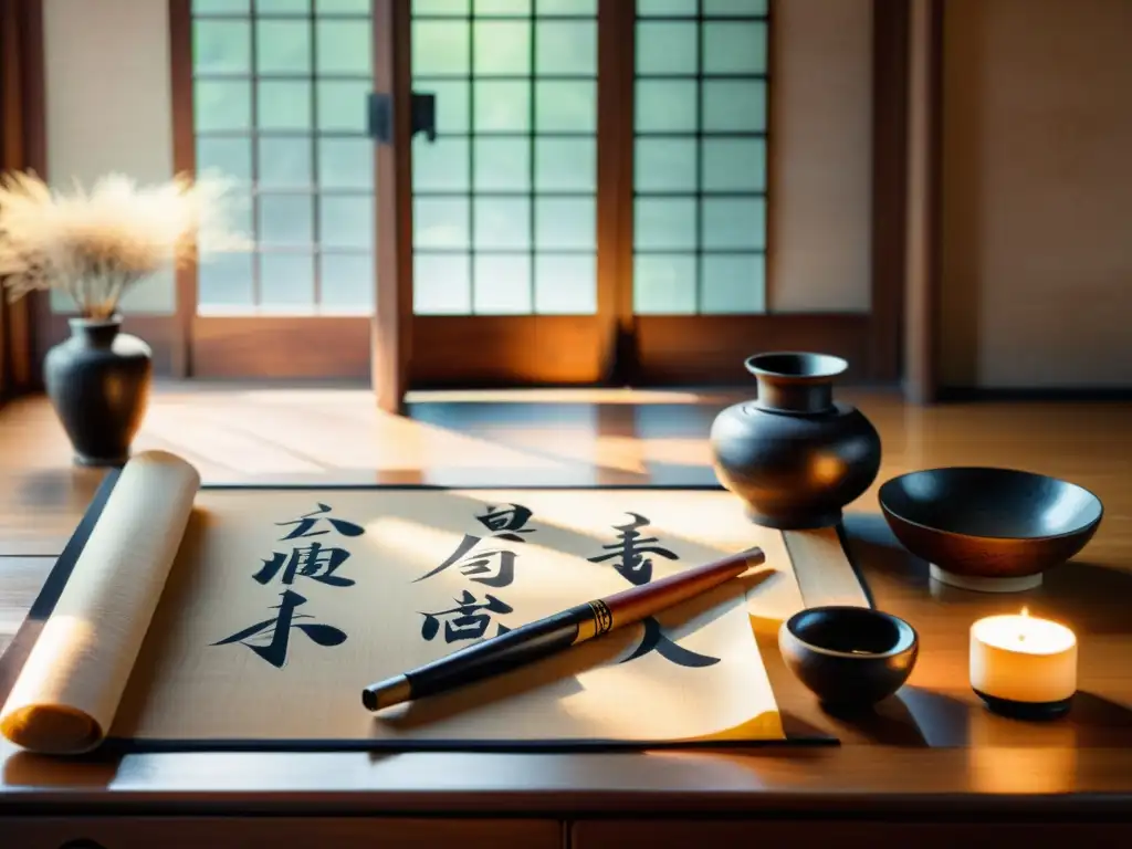 Una escena vintage de un set de caligrafía oriental sobre una mesa de madera, iluminada por luz natural