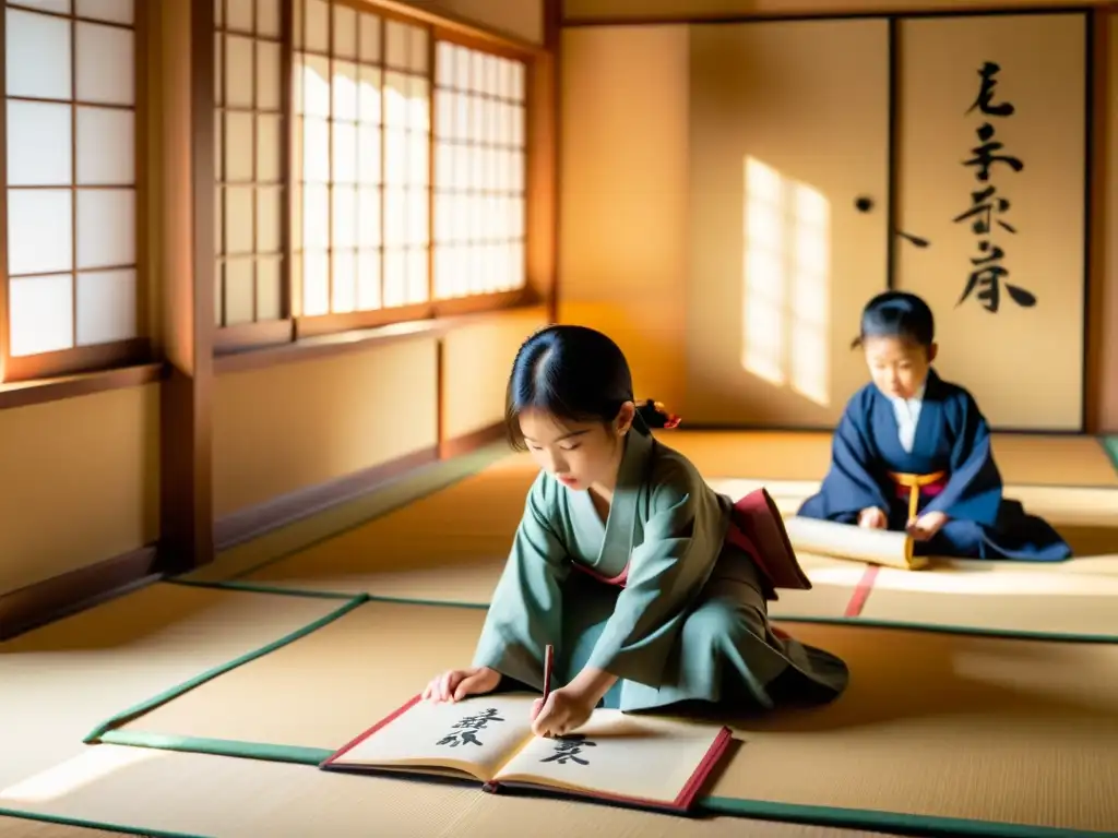 Un escenario de aprendizaje de kanji para niños en un aula japonesa tradicional, con luz cálida y maestra sonriente