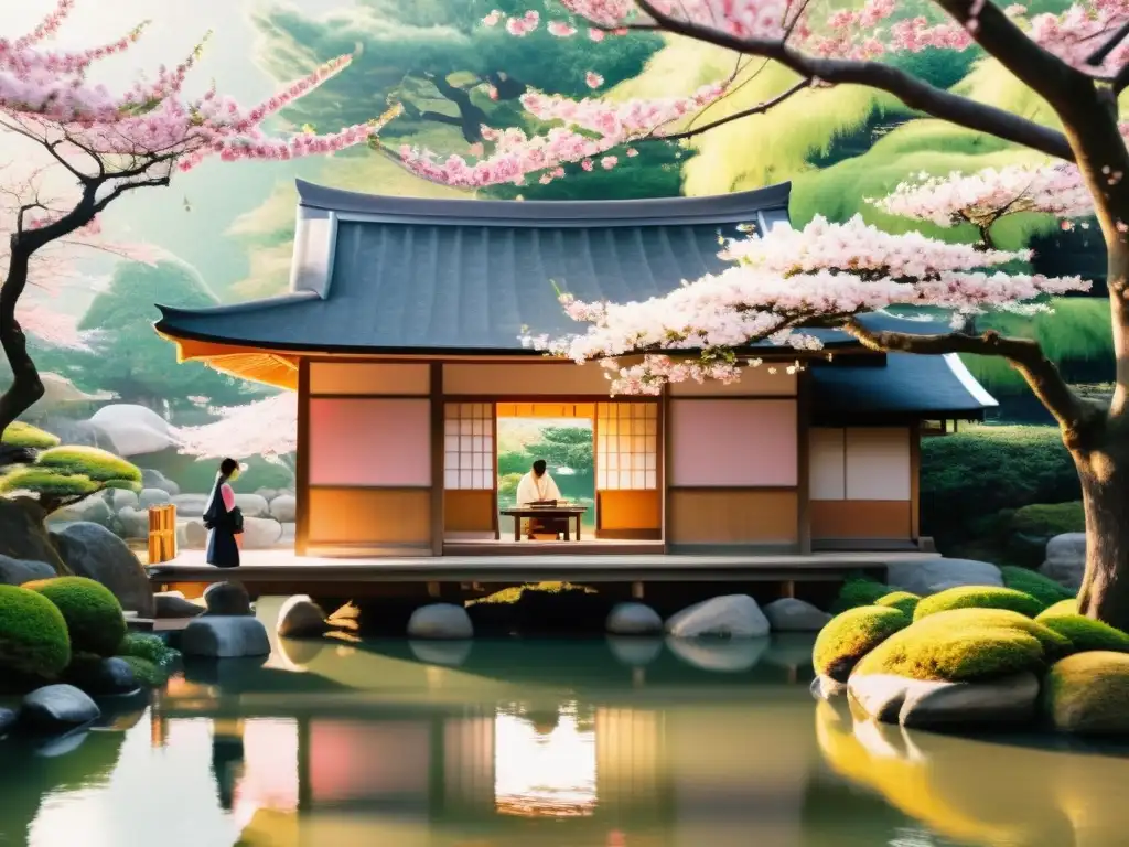 Un escenario japonés sereno con estudiantes practicando el Arte de la caligrafía japonesa bajo la guía de un sabio sensei entre los cerezos en flor