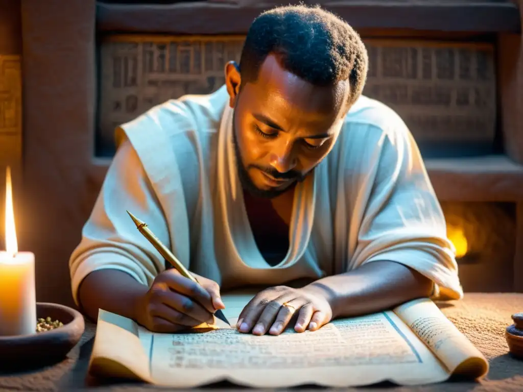 Sabiduría ancestral: Escriba etíope transcribiendo en Ge'ez Un escriba etíope transcribe manuscritos Ge'ez en un ambiente cálido y misterioso