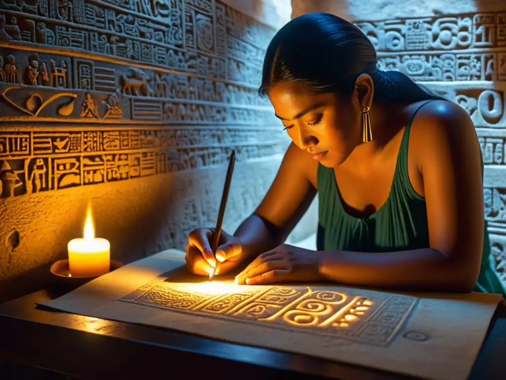 Un escriba maya antiguo aprende a escribir con glifos mayas en un pergamino, iluminado por luz de velas