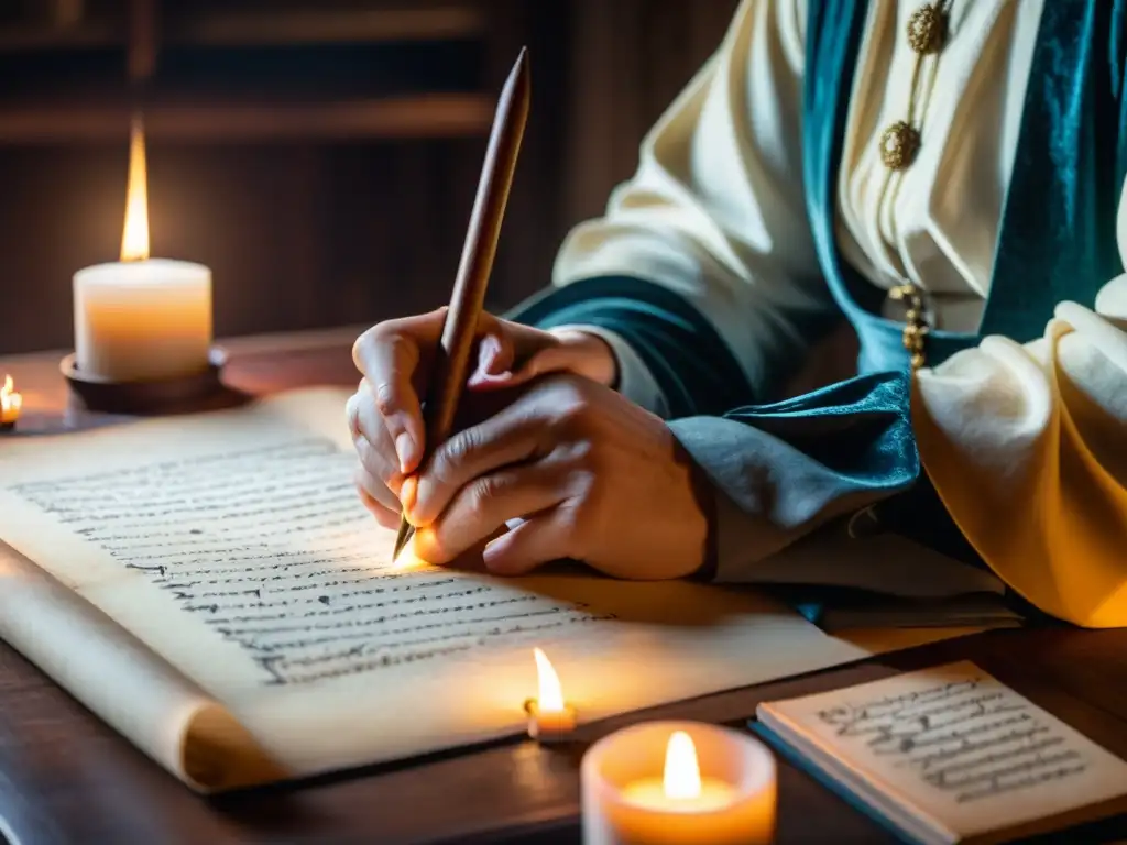 Un escriba medieval escribe minuciosamente con pluma en pergamino en un scriptorium tenue iluminado por velas