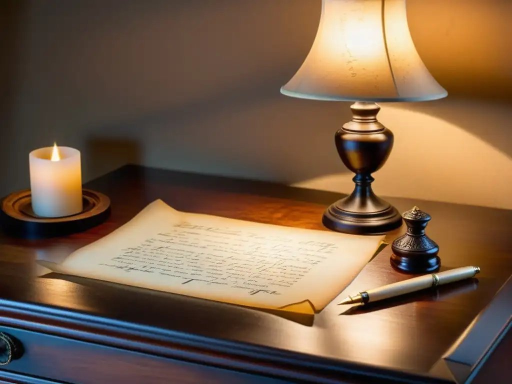 Escritorio antiguo con caligrafía, pluma y tinta, iluminado por lámpara de escritorio