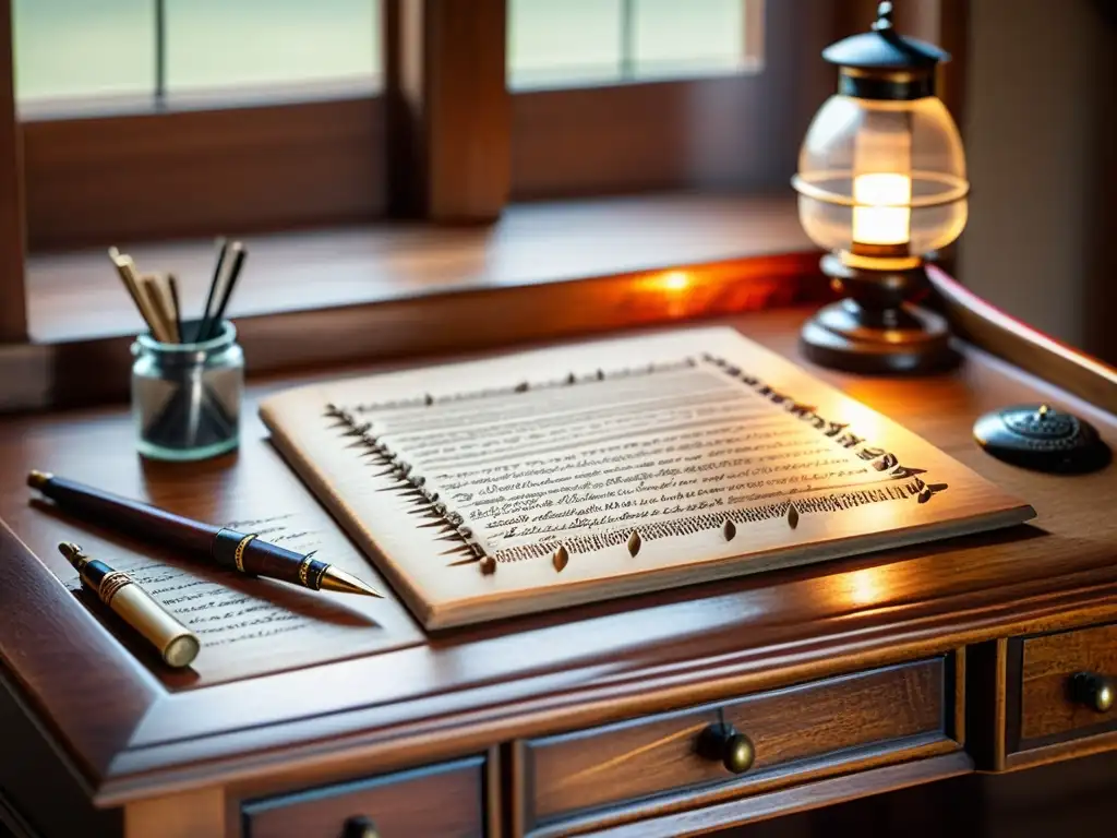 Un escritorio antiguo de madera con herramientas de escritura vintage y delicados detalles iluminados por luz cálida