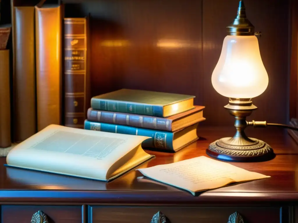 Un escritorio antiguo de madera con libros envejecidos, pluma de ave y pergamino, iluminado por una lámpara vintage