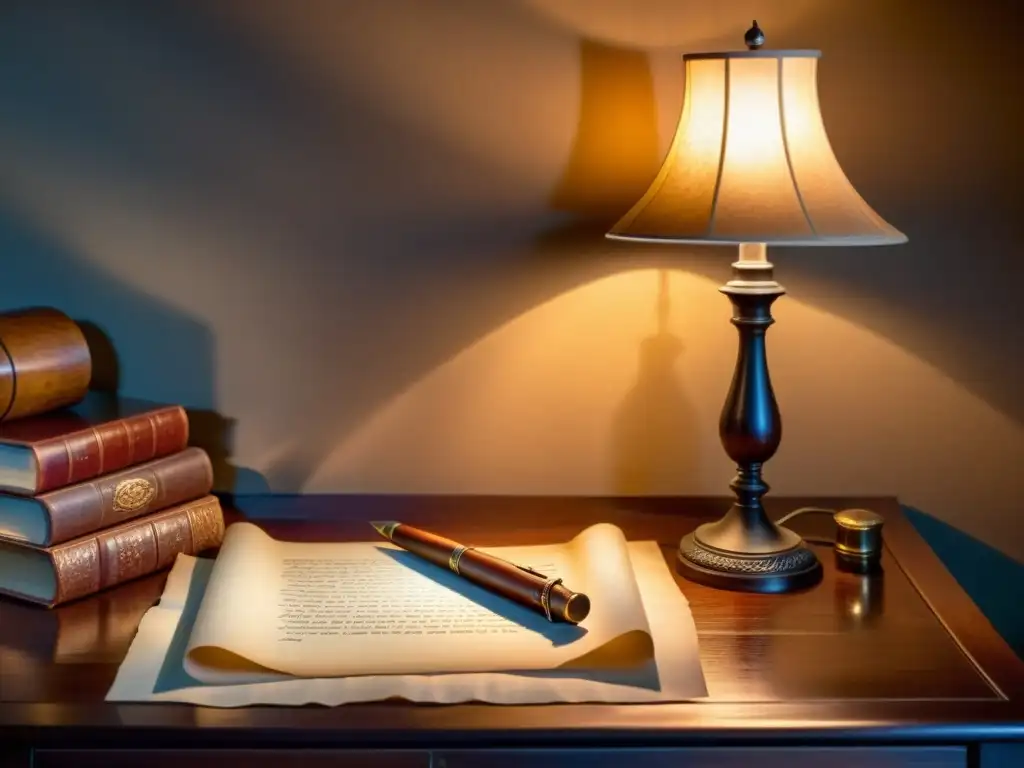 Un escritorio antiguo de madera con pluma vintage y papel pergamino, iluminado por una suave lámpara de escritorio