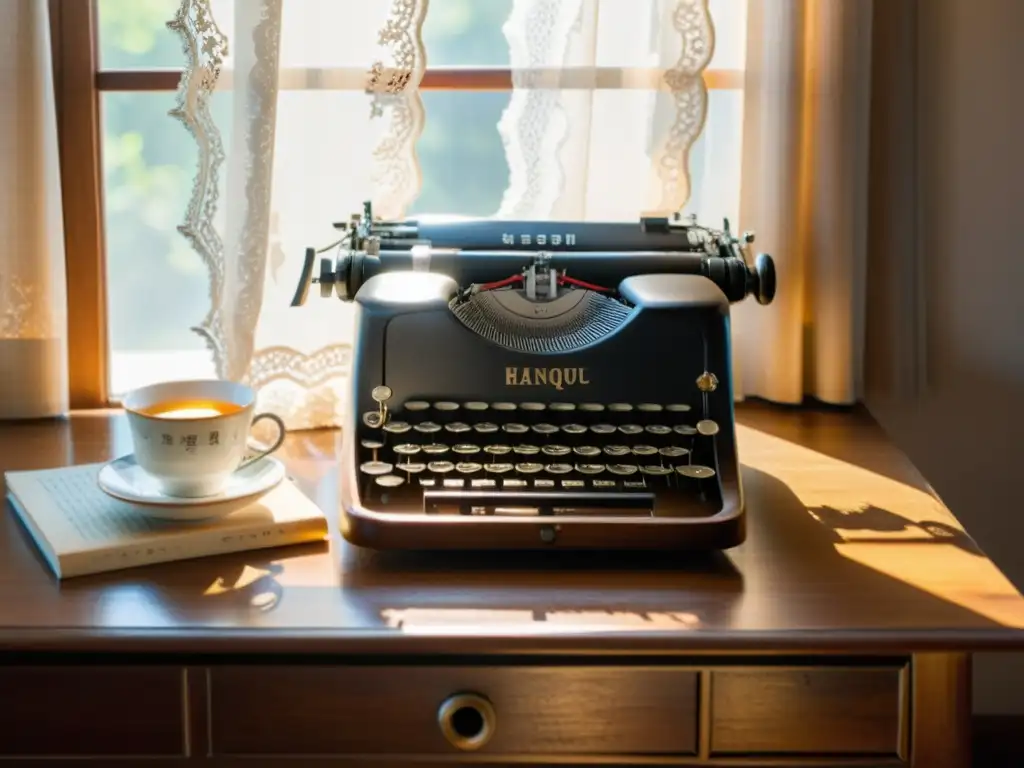 Escritorio antiguo con máquina de escribir, libros viejos y juego de té, bañados por luz solar, evocando la riqueza cultural de Hangul