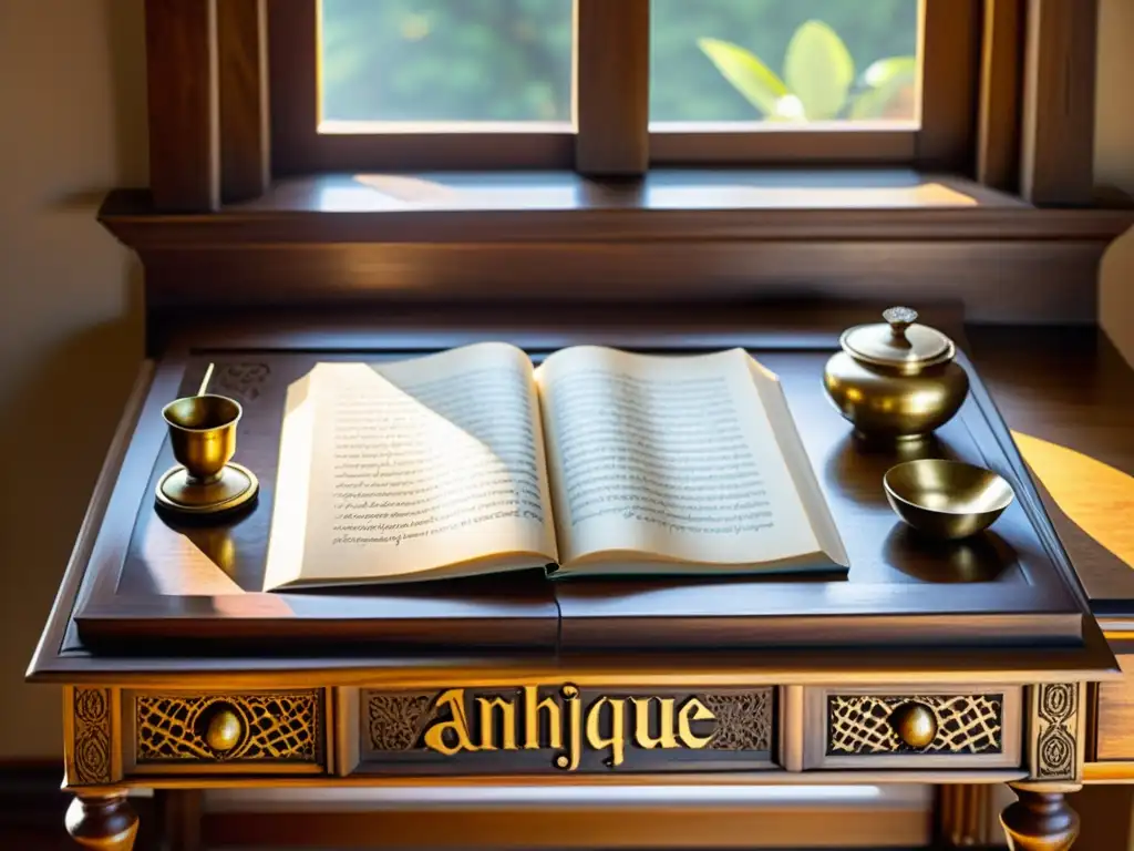 Un escritorio de madera antiguo adornado con escritura Devanagari y elegantes instrumentos de escritura, bañado por la cálida luz del sol