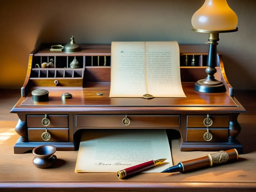 Un escritorio de madera antiguo con kits de escritura antiguos, bañado en cálida luz natural y evocando una atmósfera nostálgica y elegante