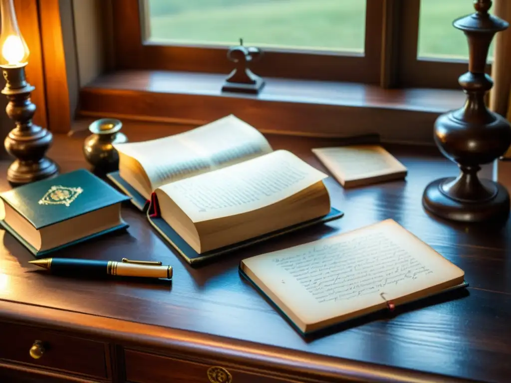 Escritorio de madera antiguo con libro de escrituras antiguas, plumas, tinteros y lupa