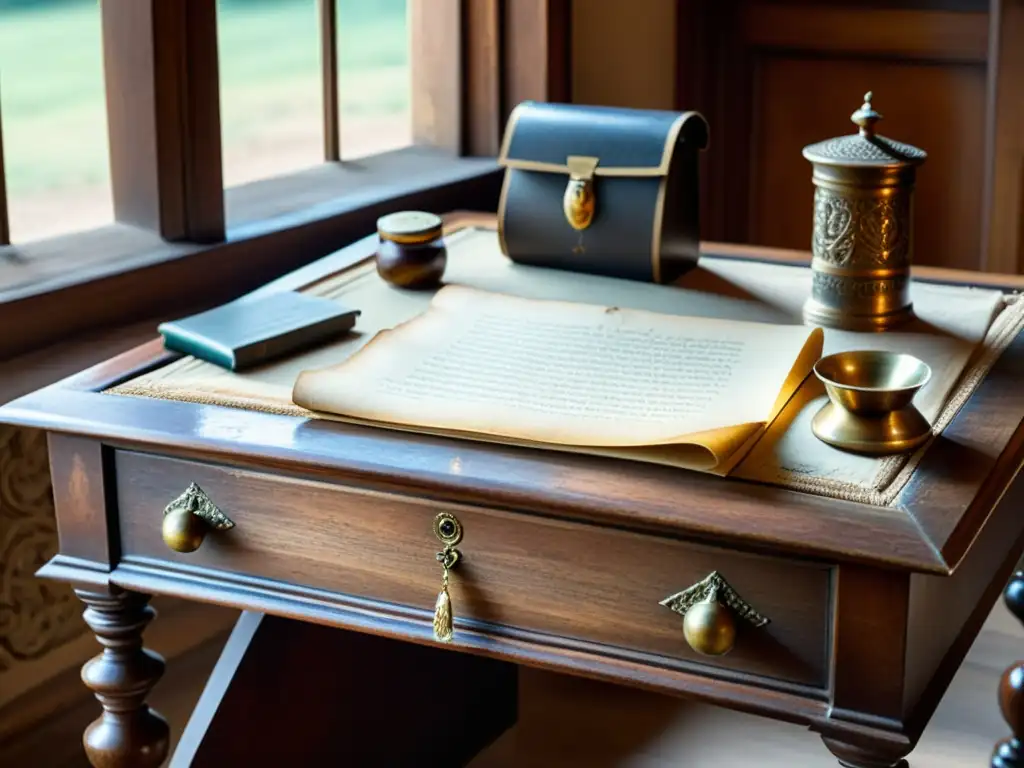 Escritorio de madera antiguo con manuscritos y plumas, iluminado por luz suave