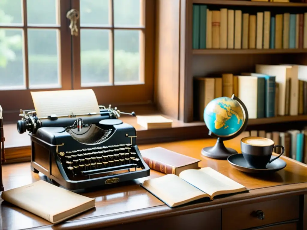 Escritorio de madera antiguo con máquina de escribir, plumas antiguas y libros, bañado en luz cálida