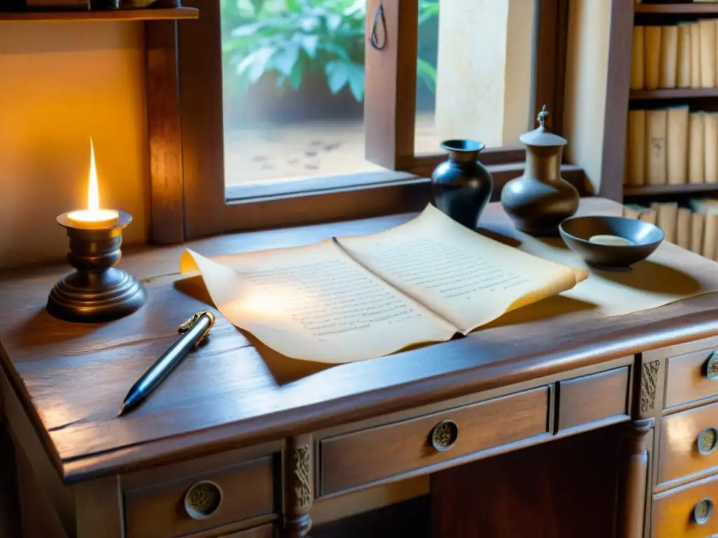 Un escritorio de madera antiguo con un tintero vintage, pluma de ave y pergamino iluminado por luz suave