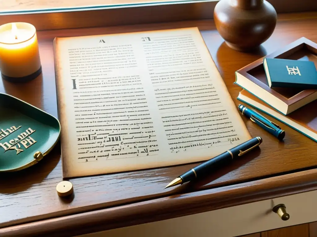 Un escritorio de madera vintage con un kit de herramientas de escritura hebreo desgastadas, iluminadas por la cálida luz de la tarde