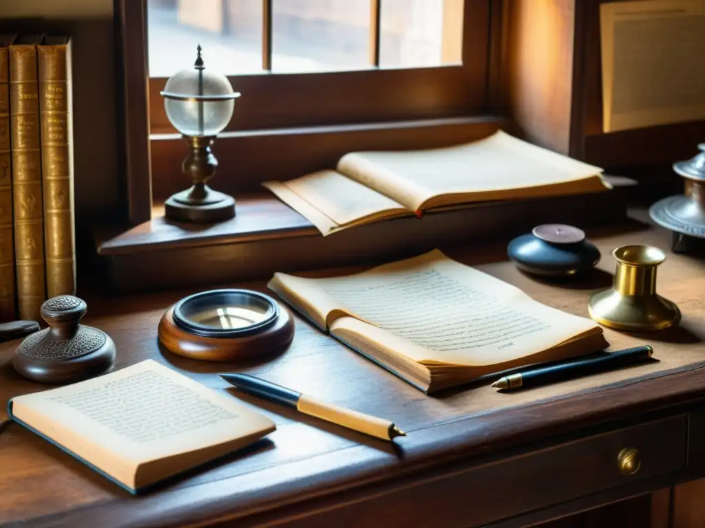 Un escritorio de madera vintage con manuscritos antiguos, plumas y tinta, bañado en cálida luz natural