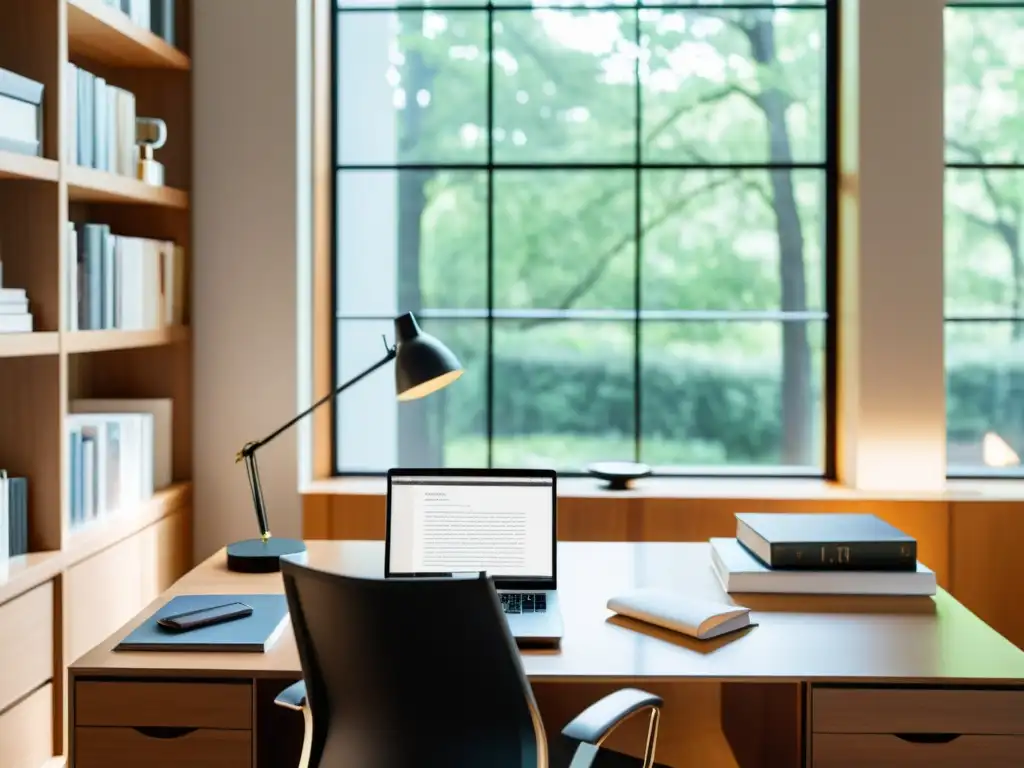 Escritorio moderno con laptop, papeles, café y gafas, iluminado por luz natural