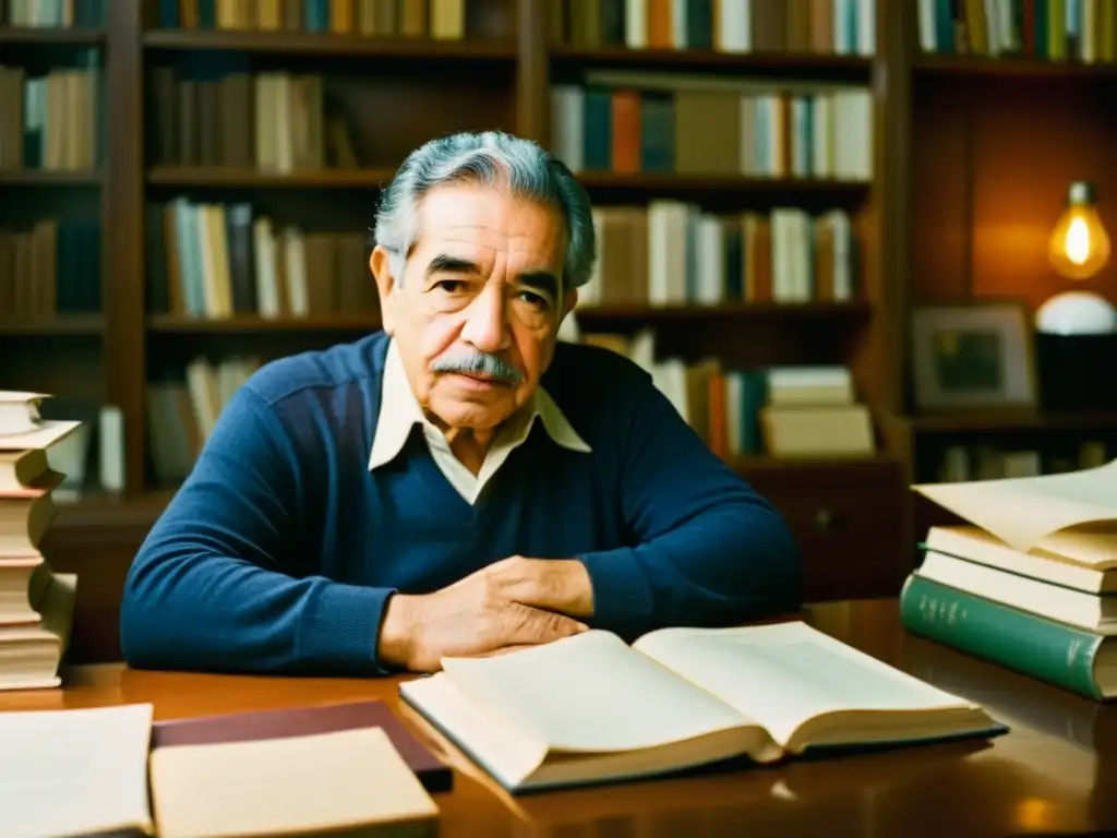 Gabriel García Márquez reflexiona en su escritorio, rodeado de libros y papeles en un ambiente cálido