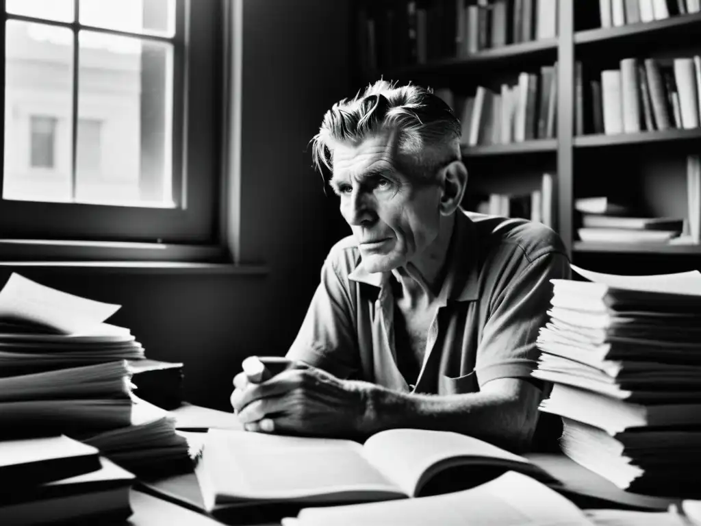 Samuel Beckett reflexiona en su escritorio, rodeado de libros y papeles