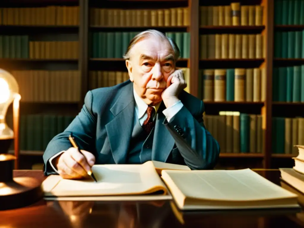 Jorge Luis Borges reflexiona en su escritorio, rodeado de libros, sumergido en la simbología de sus cuentos