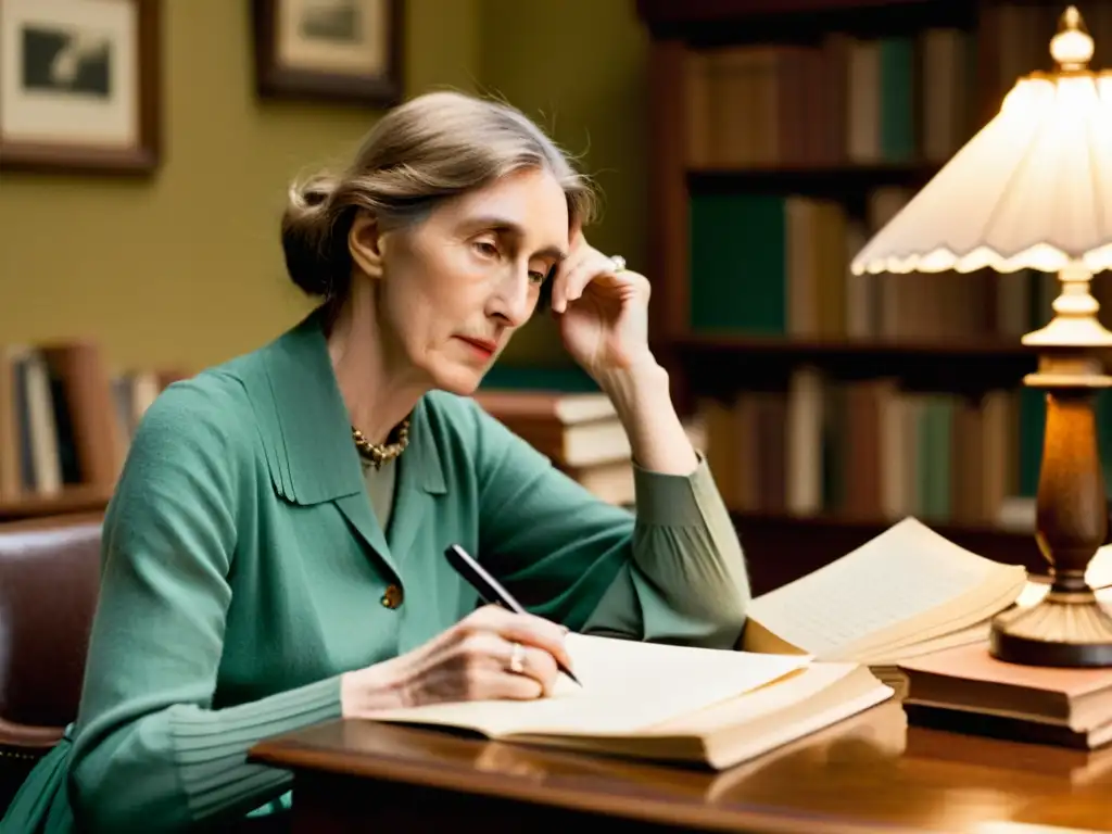 Virginia Woolf en su escritorio, sumida en profunda contemplación