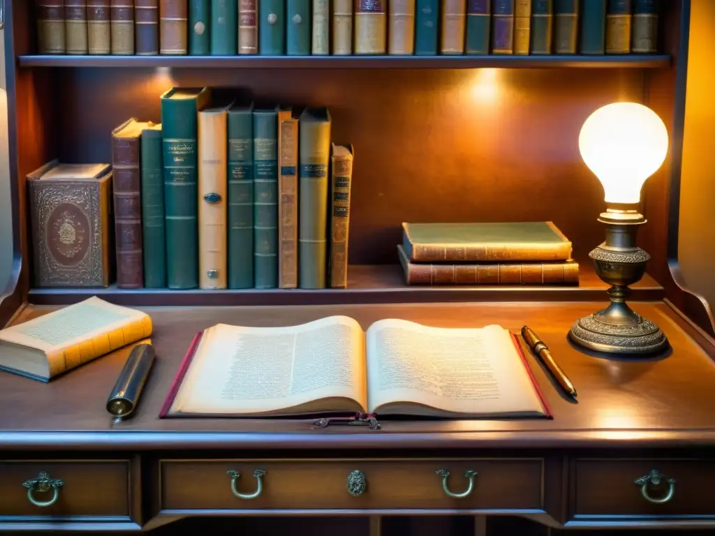 Un escritorio vintage cubierto de manuscritos históricos y útiles de escritura antiguos, iluminado por una cálida lámpara de escritorio