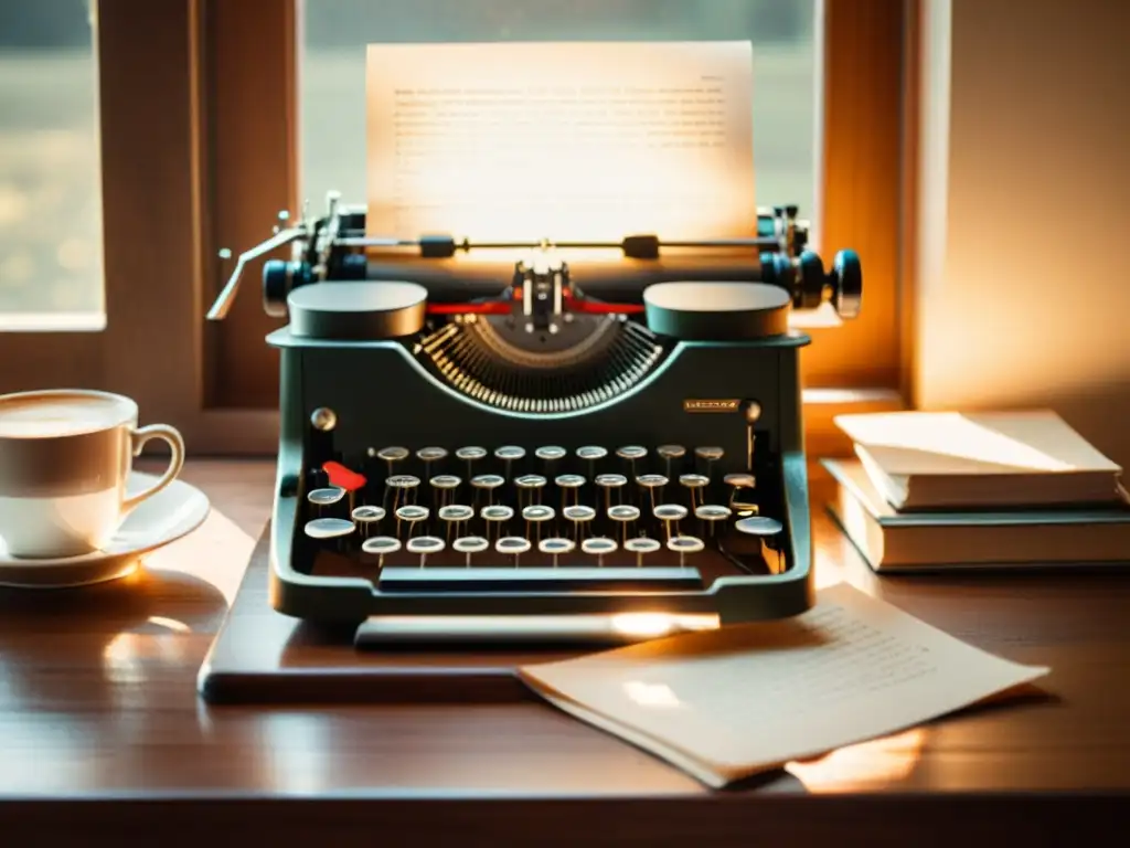 Un escritorio vintage con máquina de escribir, pila de papeles, taza de café y gafas