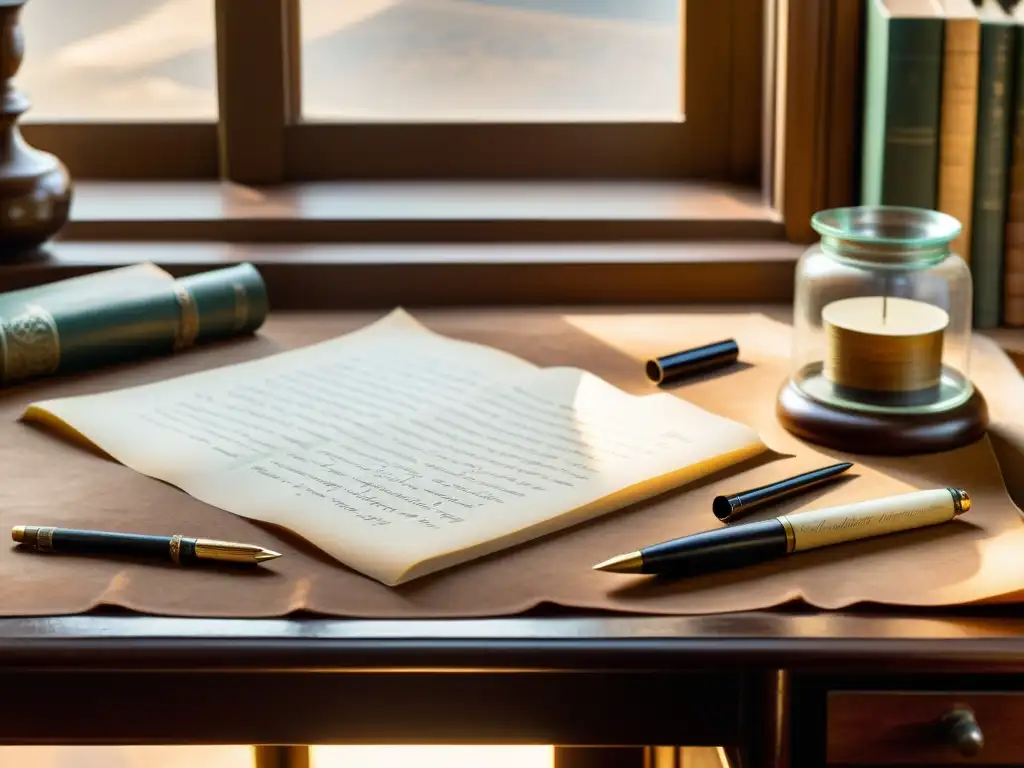 Escritorio vintage con plumas antiguas, libros de cuero y pergamino